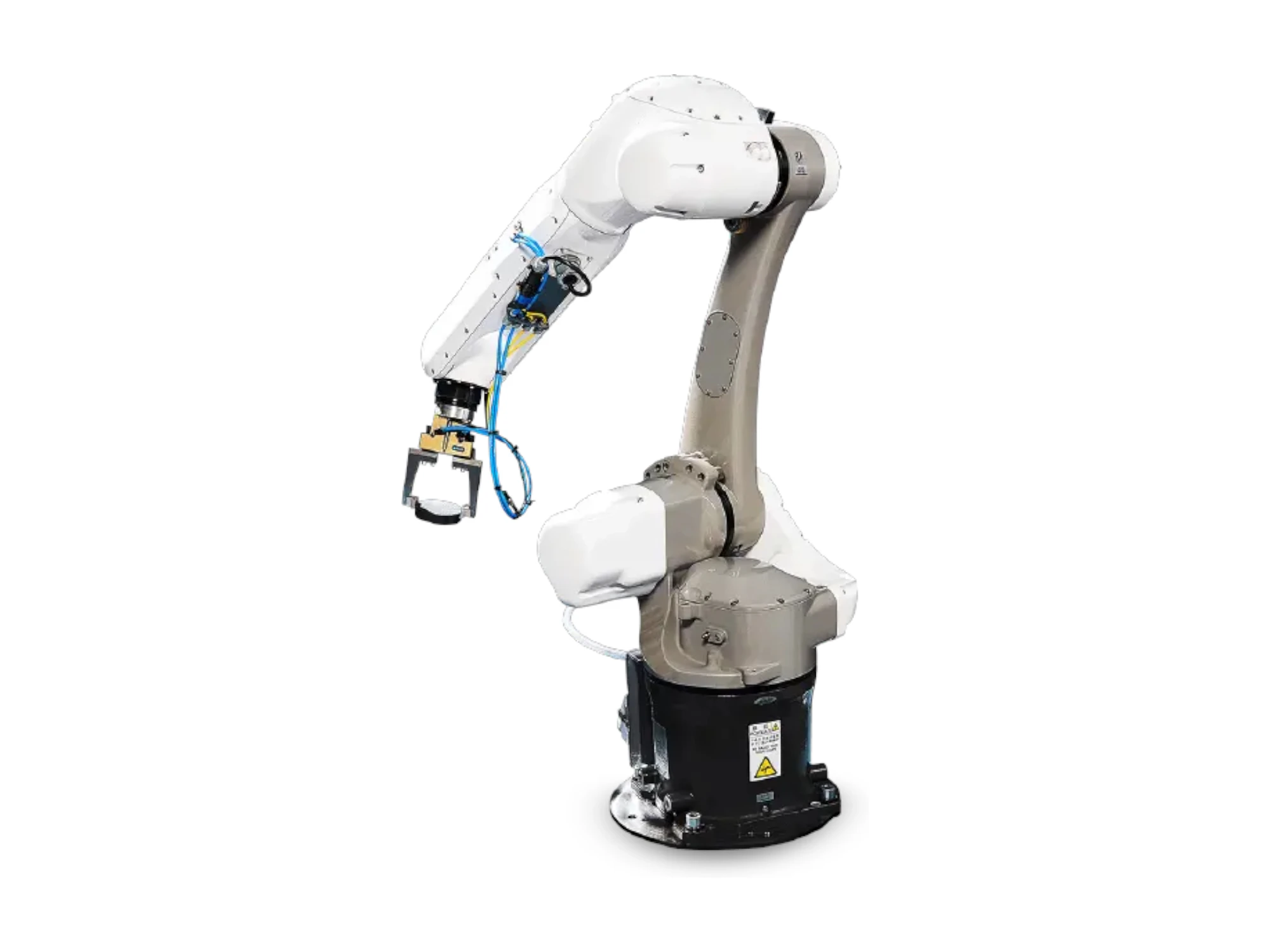 Industrieroboterarm mit Greifer und sichtbaren Kabeln an einem drehbaren Sockel