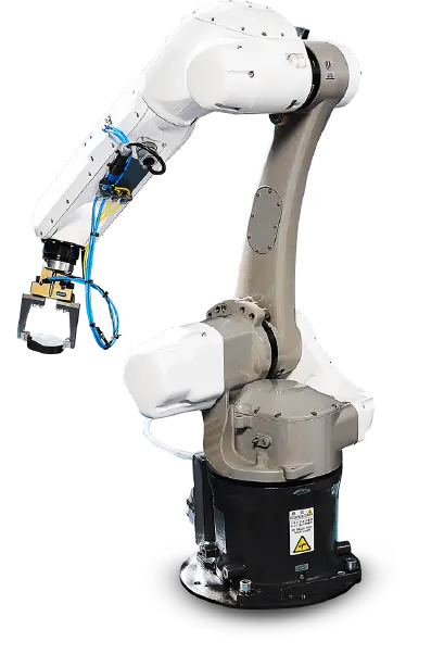 MEBArobot Industrieroboterarm mit Greifer und sichtbaren Kabeln an einem drehbaren Sockel